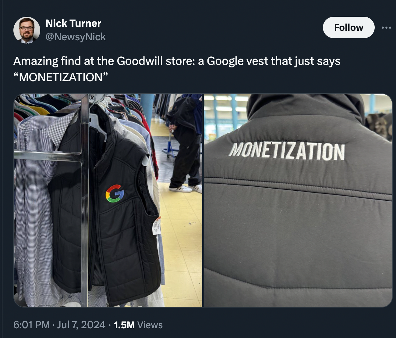 pocket - Nick Turner Amazing find at the Goodwill store a Google vest that just says "Monetization" 1.5M Views Monetization
